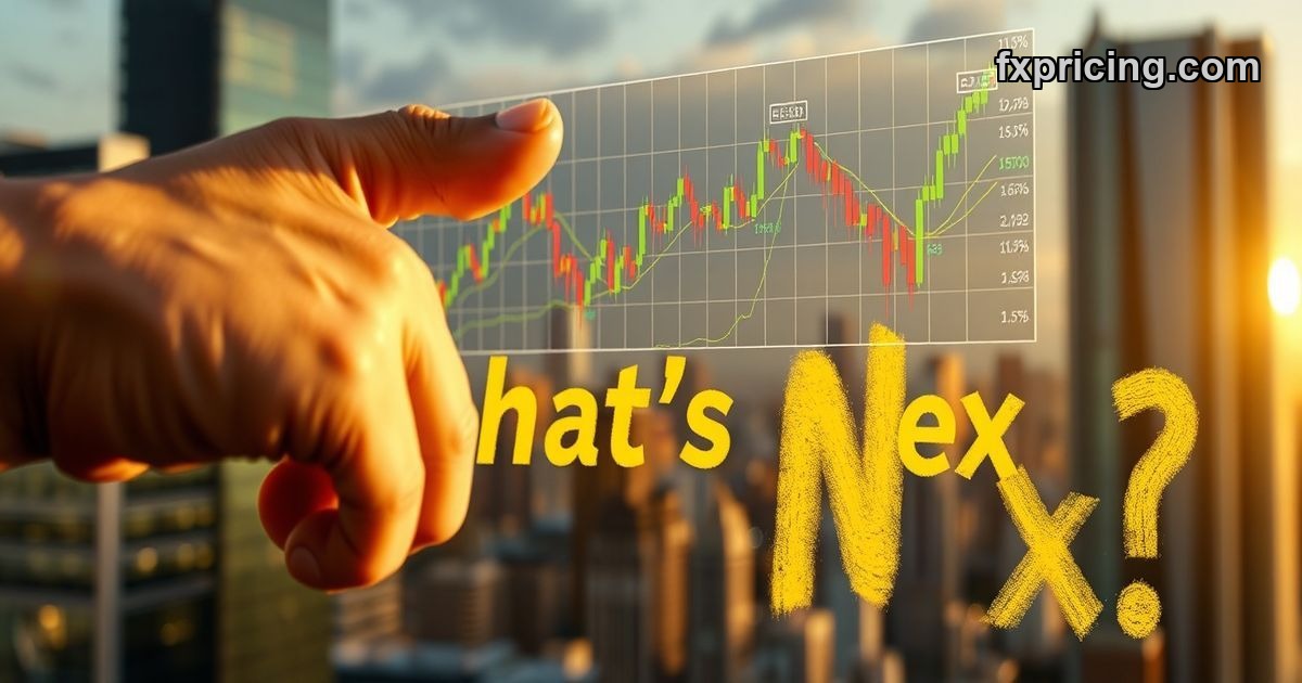 Hand pointing at conflicting Alphabet Inc. stock chart projections.