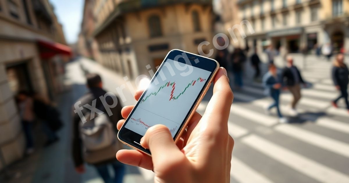 Smartphone showing Simple Moving Average widget chart on city street.