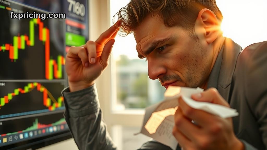 Frustrated trader studying complex charts with conflicted emotions.