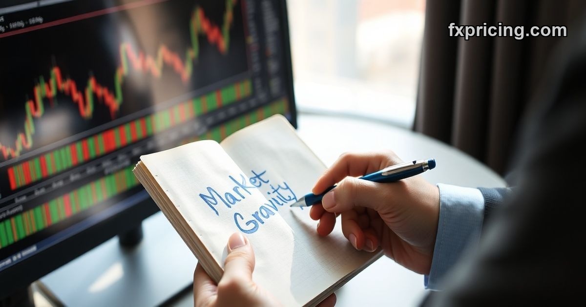 Trader's hands over notebook, eyeing stock chart for market gravity.