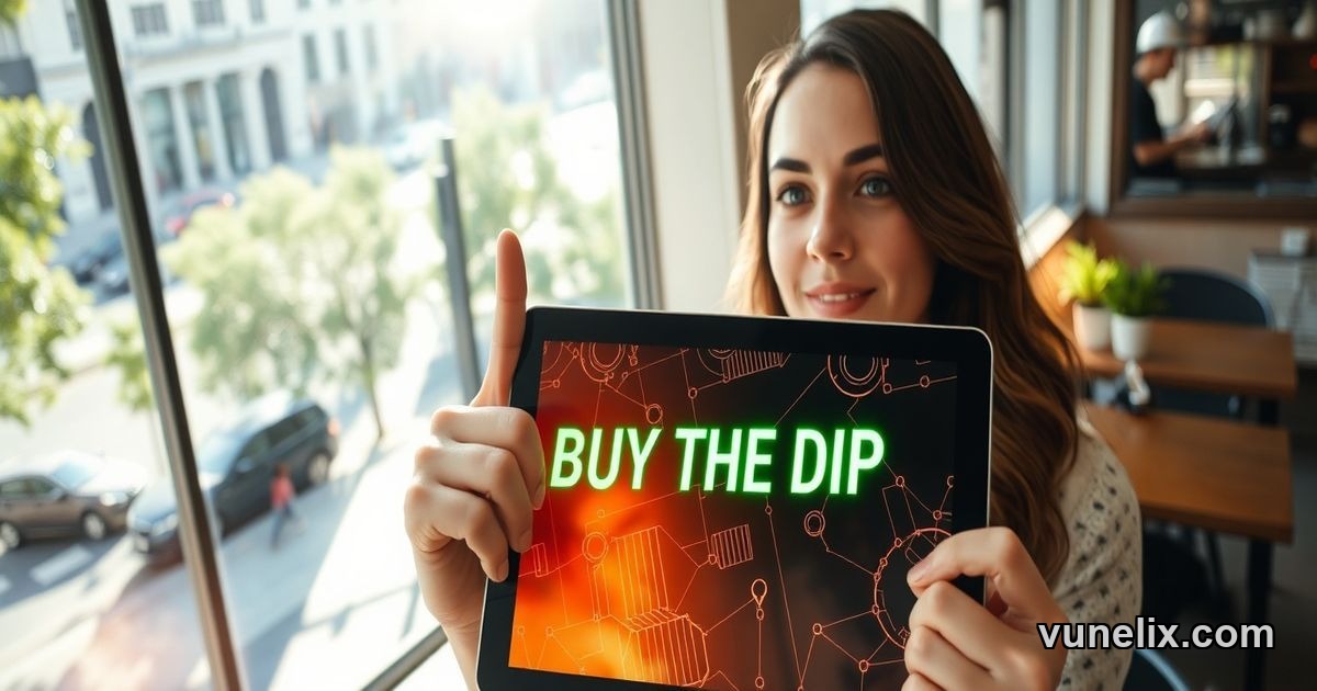 Woman pointing at a crypto heatmap on tablet in city cafe.