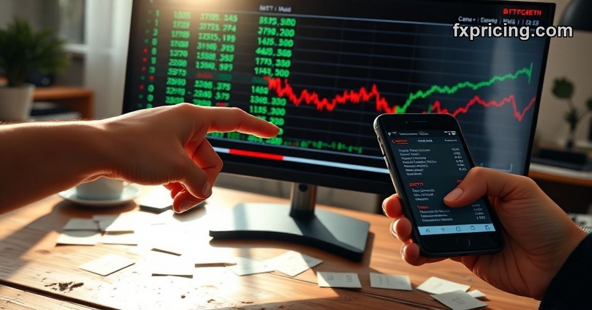Trader analyzing live cryptocurrency pair rates on FXPricing platform monitor