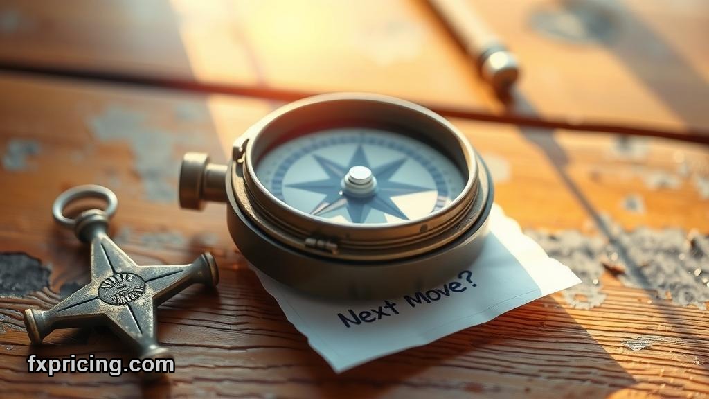 Brass compass with "Next Move?" on desk, Market Cap LEO, $ forecast.