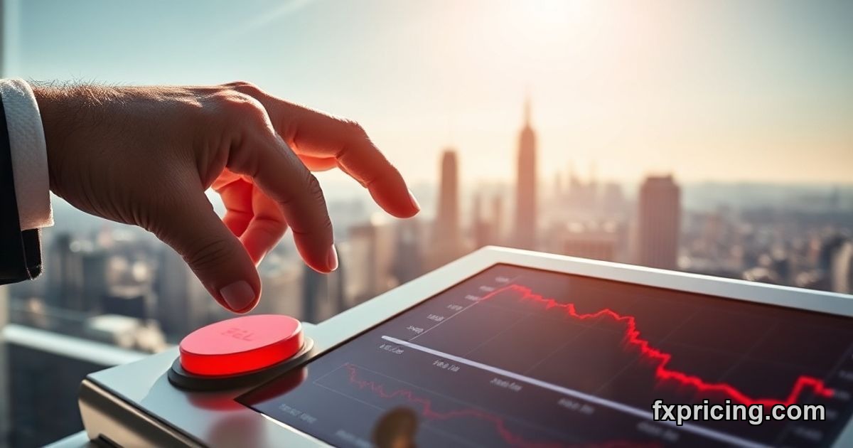 Trader pressing strong sell button with city skyline background