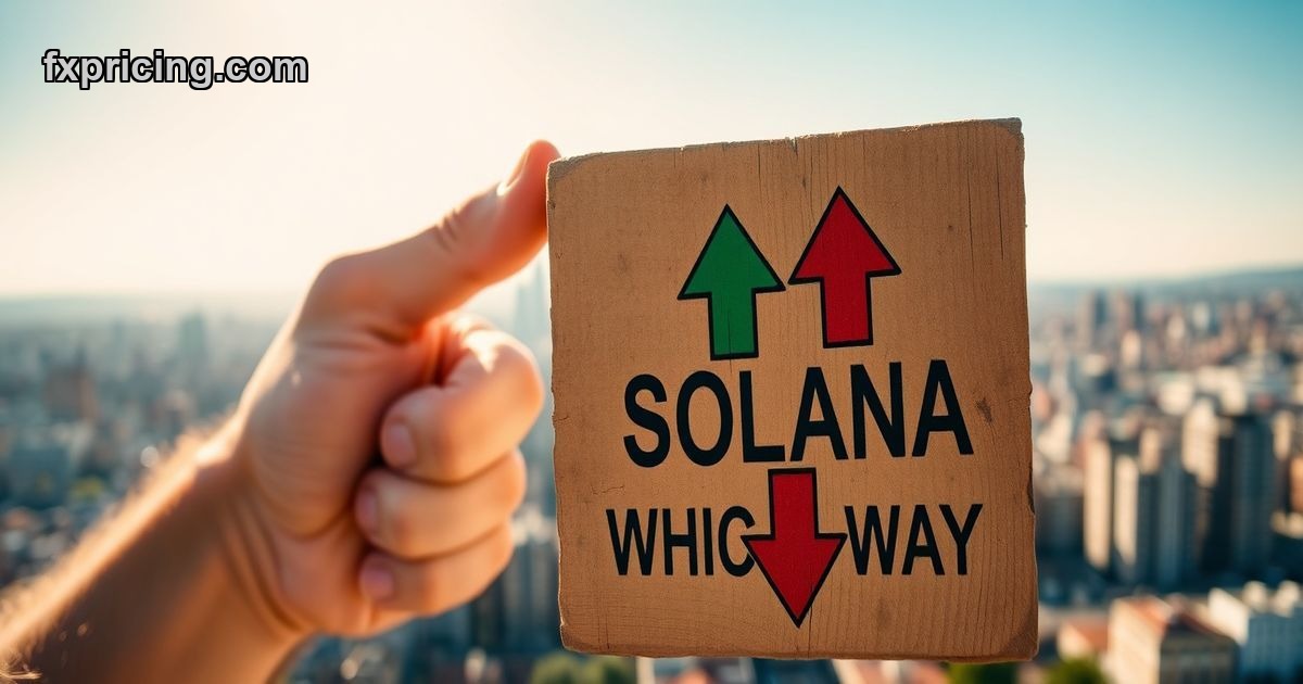 Hand pointing at Solana "Buy/Sell" wood block in city.