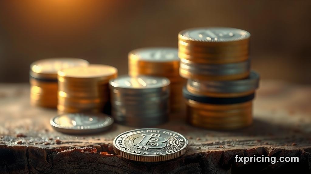 Tarnished silver coin on wooden table in golden hour light.