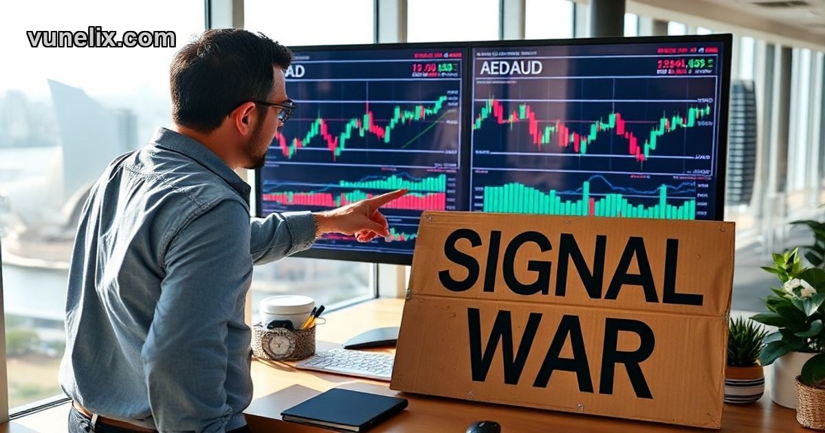 Trader analyzing AED AUD forex chart signal conflict