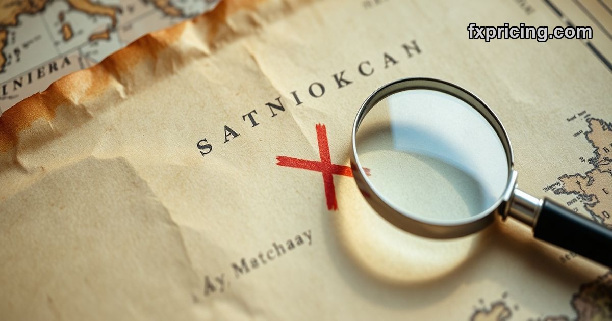 Worn map with red 'X' mark and magnifying glass.