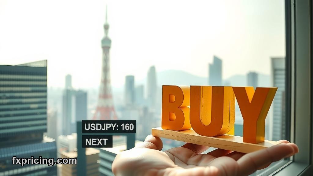 Hand placing physical BUY sign on window ledge, Tokyo skyline backdrop.