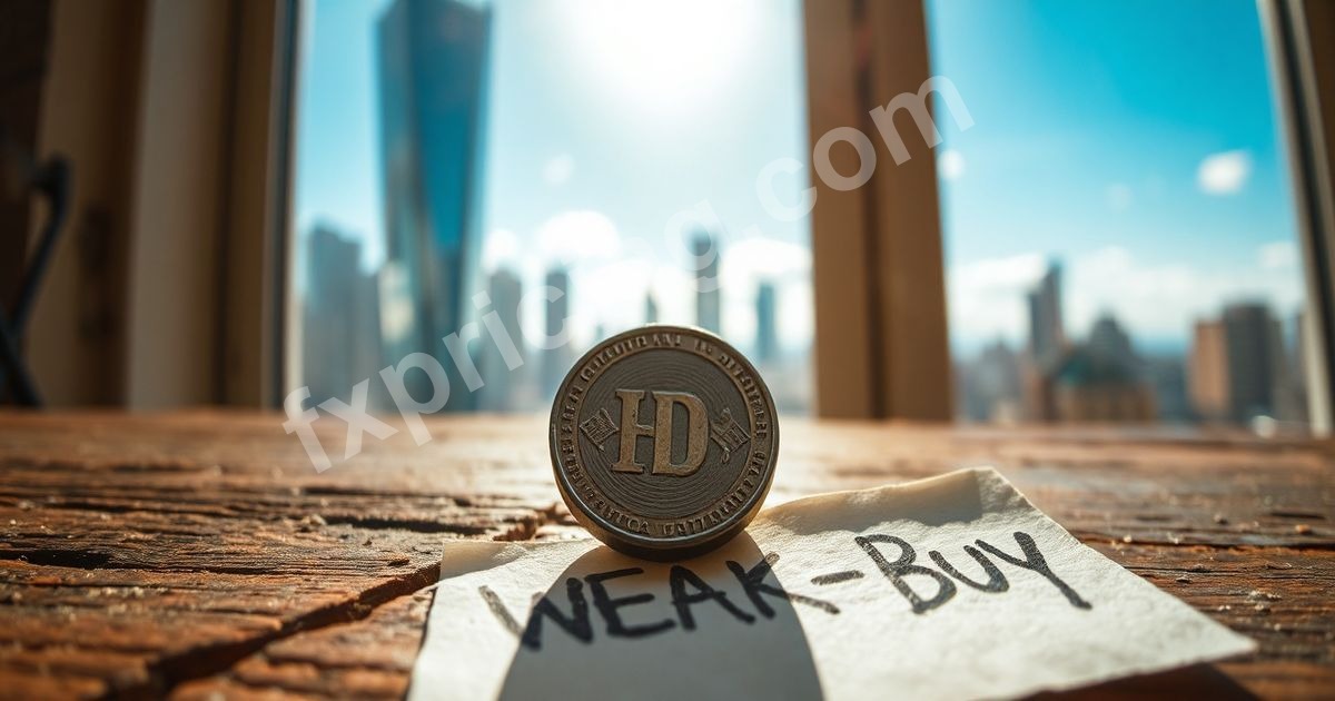 USDMKD coin on wood with "WEAK BUY?" text.