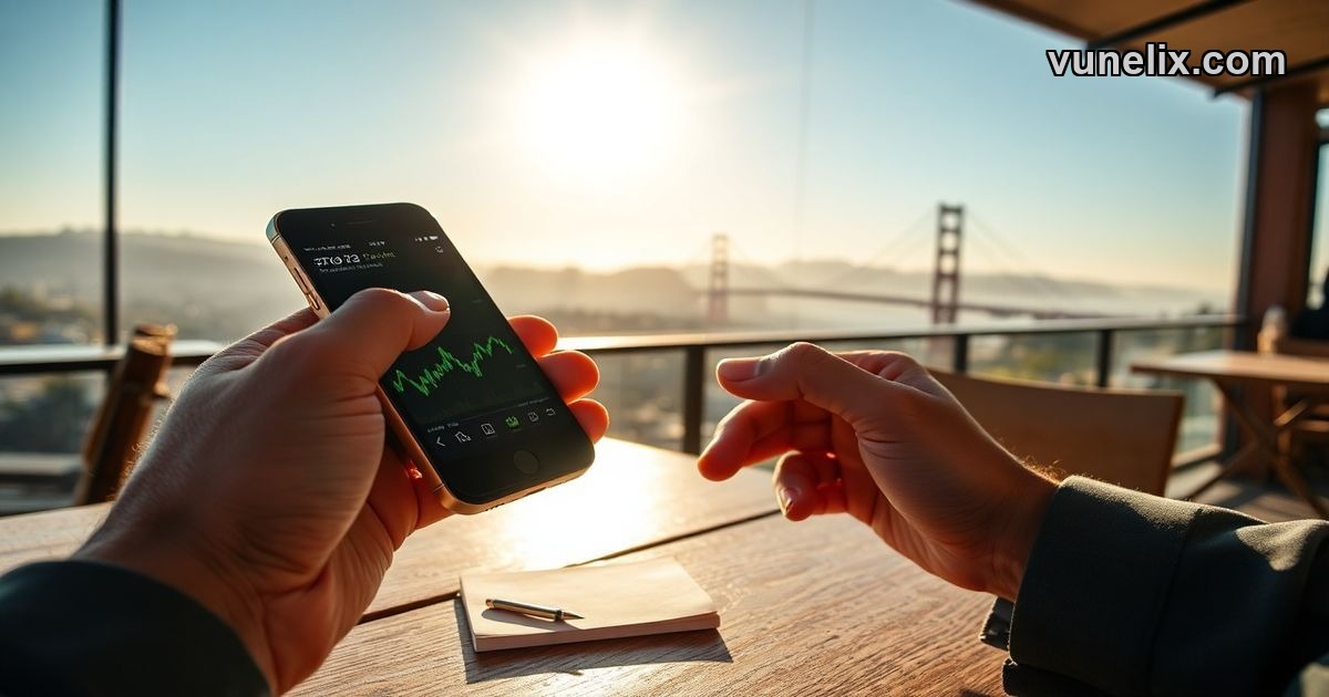 Apple Inc. stock price chart on iPhone with San Francisco skyline