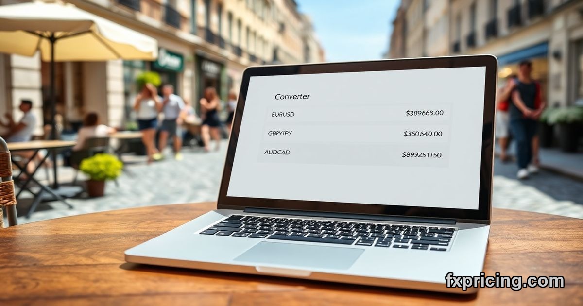 Currency converter widget displaying live forex rates on laptop screen outdoors