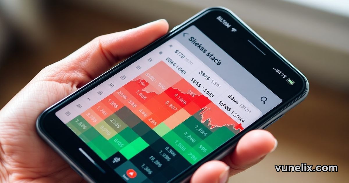 Close-up of hand holding smartphone displaying a stock heatmap widget.
