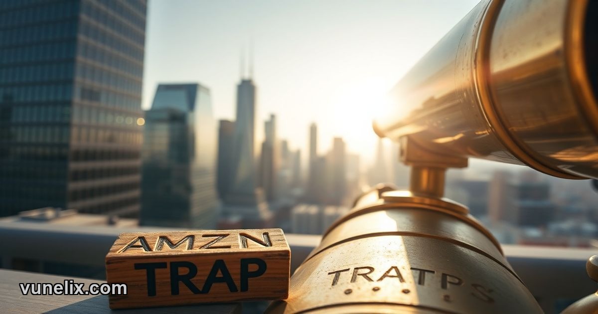 Vintage telescope pointed at city skyline with "AMZN: TRAP?" block.