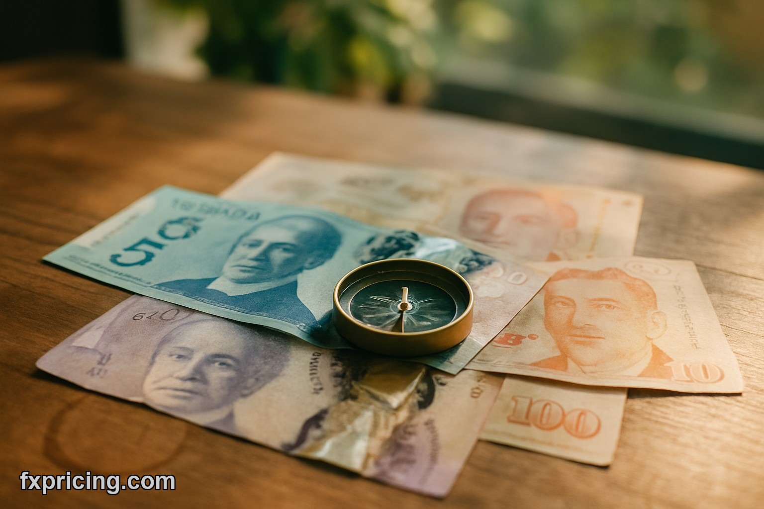 CAD SGD currency notes on desk with compass showing direction