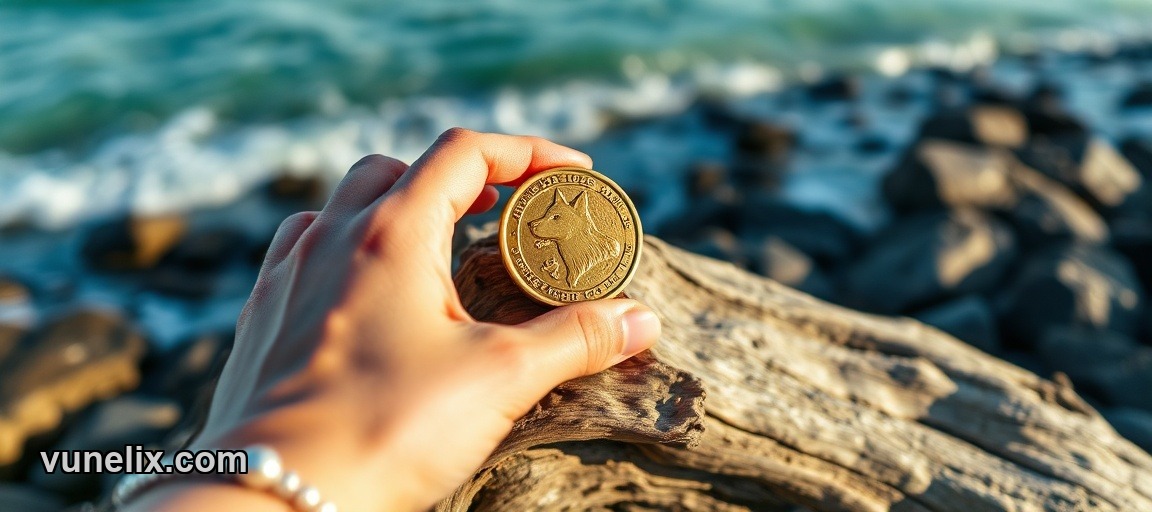 DOGE perpetual futures coin on driftwood beach scene